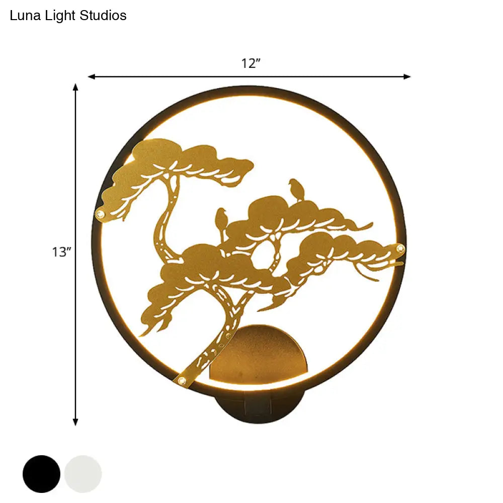 Chinese Style Led Wall Mural Lamp - Metal Black/White Circular Pine Tree Patterned Lighting