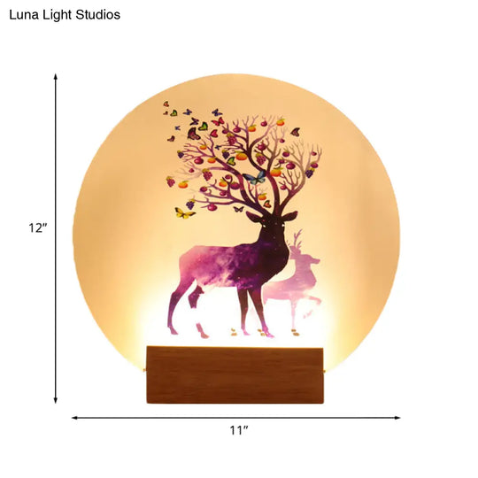 Chinese Style Led Wood Wall Lamp - Acrylic Circular Elk Patterned Mural Light For Bedroom