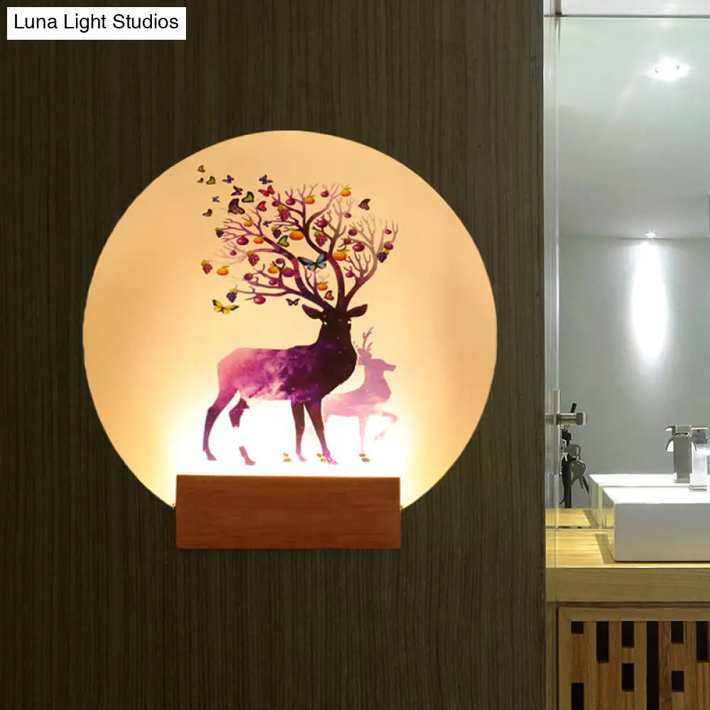 Chinese Style Led Wood Wall Lamp - Acrylic Circular Elk Patterned Mural Light For Bedroom