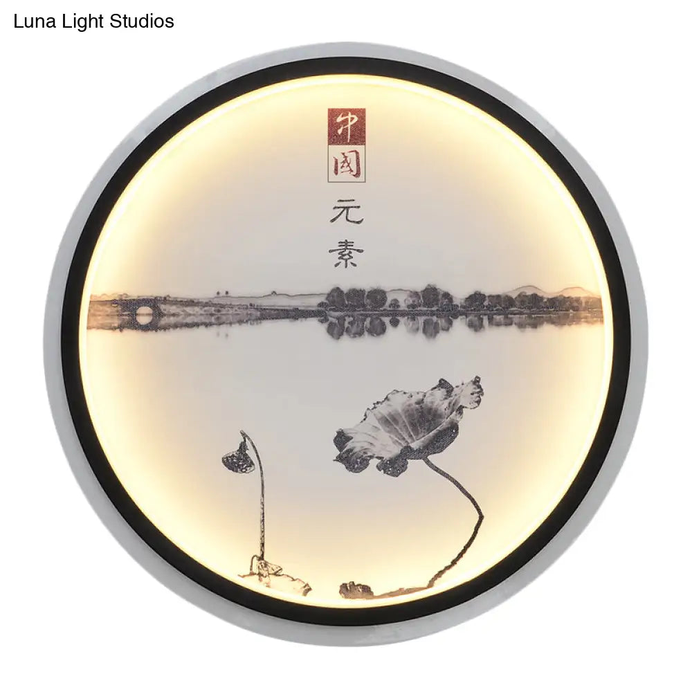 Chinese-Style Lotus Lake Led Wall Lamp In Black