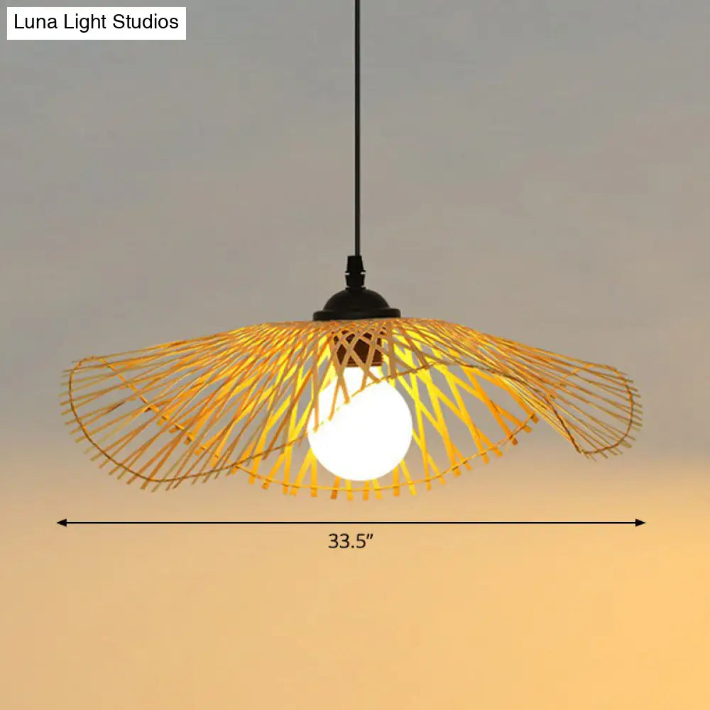 Chinese Style Bamboo Ceiling Pendant Light With Lotus Leaf Design Wood / 33.5