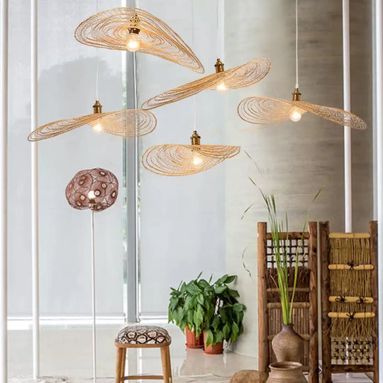 Chinese Style Lotus Leaf Pendant Light With Bamboo Shade - 1/3/6-Light Beige 14’/16.5’/19.5’