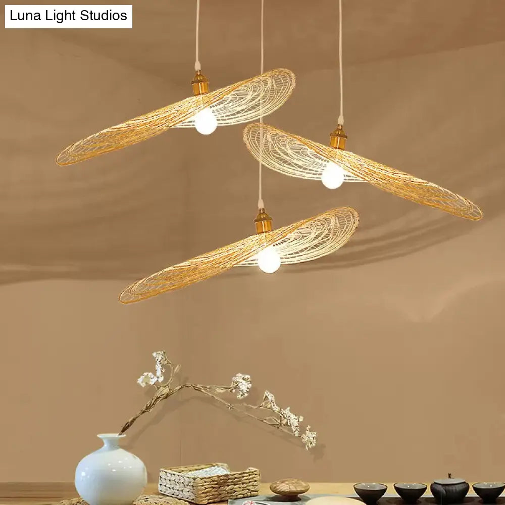 Chinese Style Lotus Leaf Pendant Light With Bamboo Shade - 1/3/6-Light Beige 14’/16.5’/19.5’ Wide