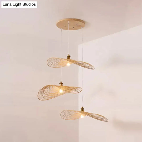 Chinese Lotus Pendant Light With Bamboo Shade - Beige (1/3/6 Lights 14-19.5 Width) 3 / 16.5