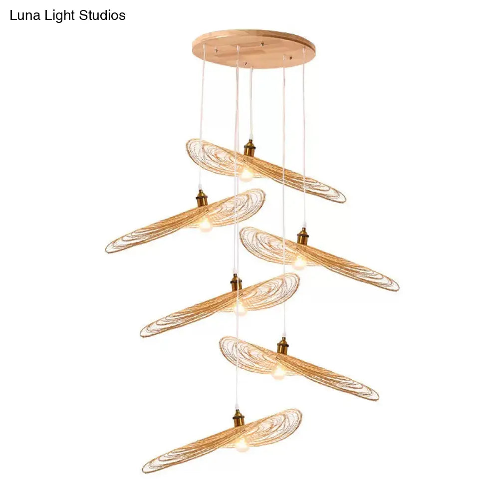 Chinese Lotus Pendant Light With Bamboo Shade - Beige (1/3/6 Lights 14-19.5 Width)