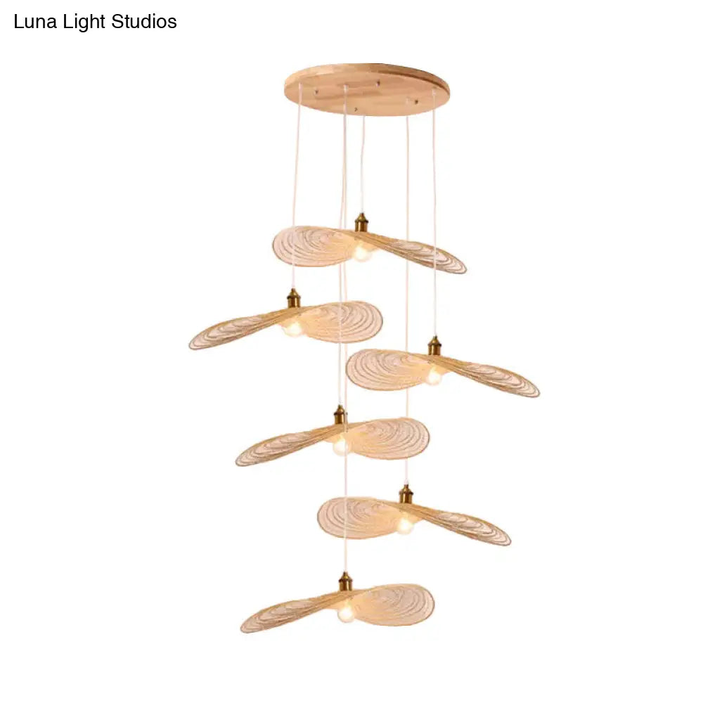 Chinese Lotus Pendant Light With Bamboo Shade - Beige (1/3/6 Lights 14-19.5 Width)