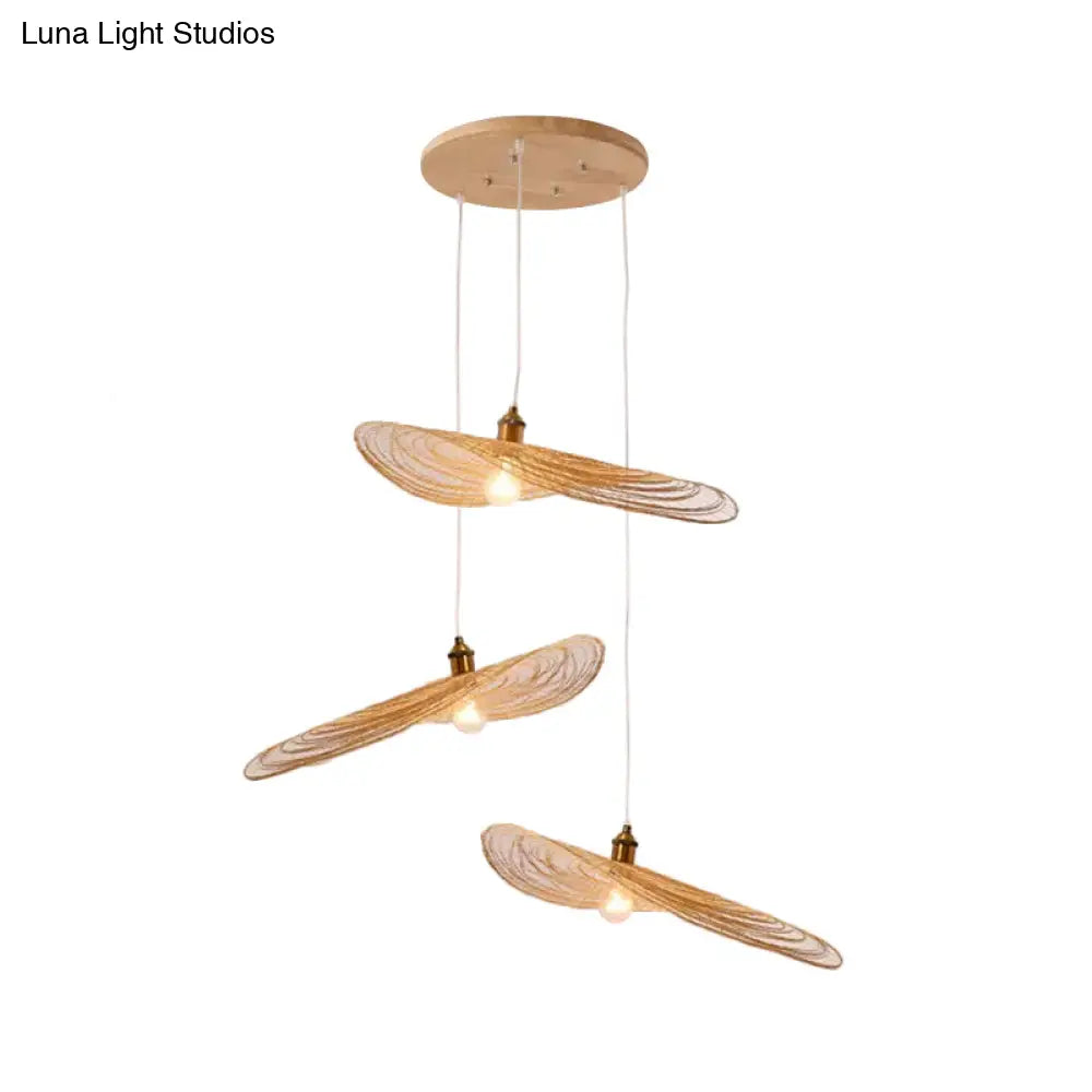 Chinese Style Lotus Leaf Pendant Light With Bamboo Shade - 1/3/6-Light Beige 14’/16.5’/19.5’ Wide