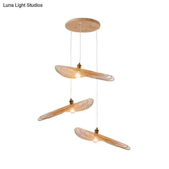 Chinese Style Lotus Leaf Pendant Light With Bamboo Shade - 1/3/6-Light Beige 14’/16.5’/19.5’ Wide