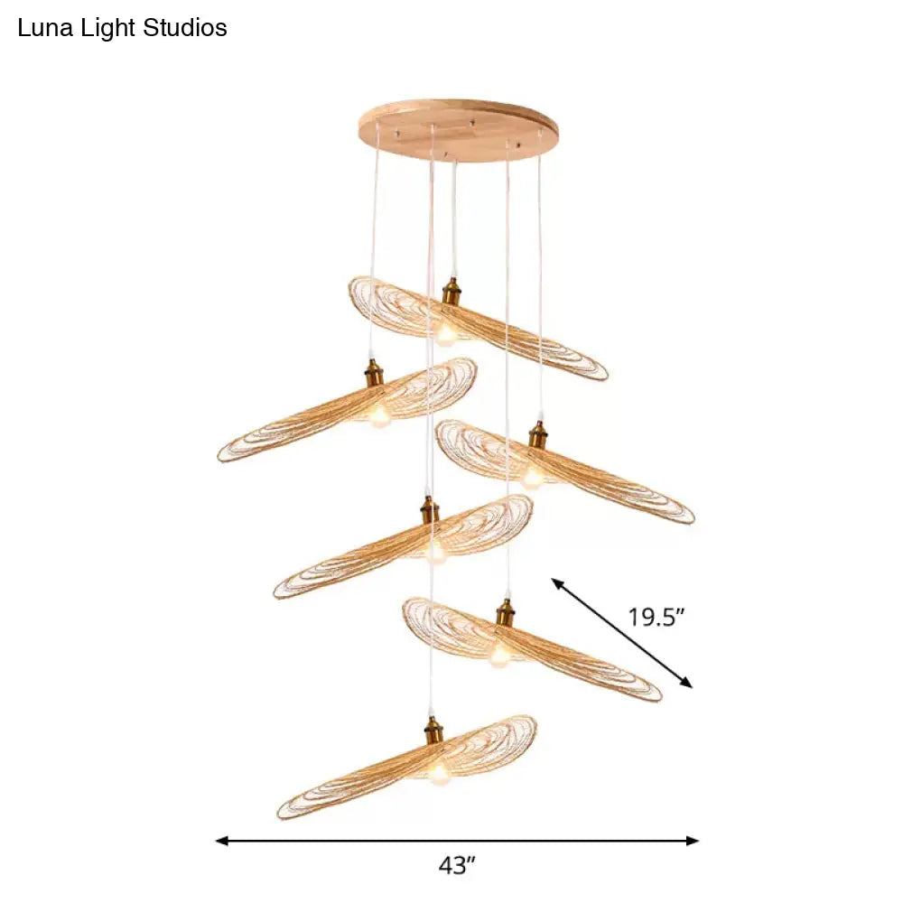 Chinese Style Lotus Leaf Pendant Light With Bamboo Shade - 1/3/6-Light Beige 14’/16.5’/19.5’ Wide