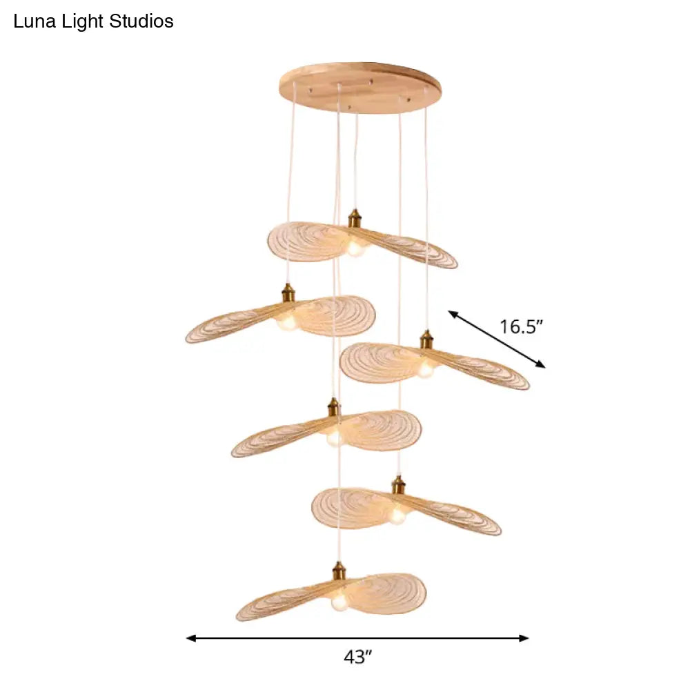 Chinese Style Lotus Leaf Pendant Light With Bamboo Shade - 1/3/6-Light Beige 14’/16.5’/19.5’ Wide