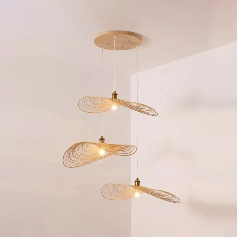 Chinese Style Lotus Leaf Pendant Light With Bamboo Shade - 1/3/6-Light Beige 14’/16.5’/19.5’