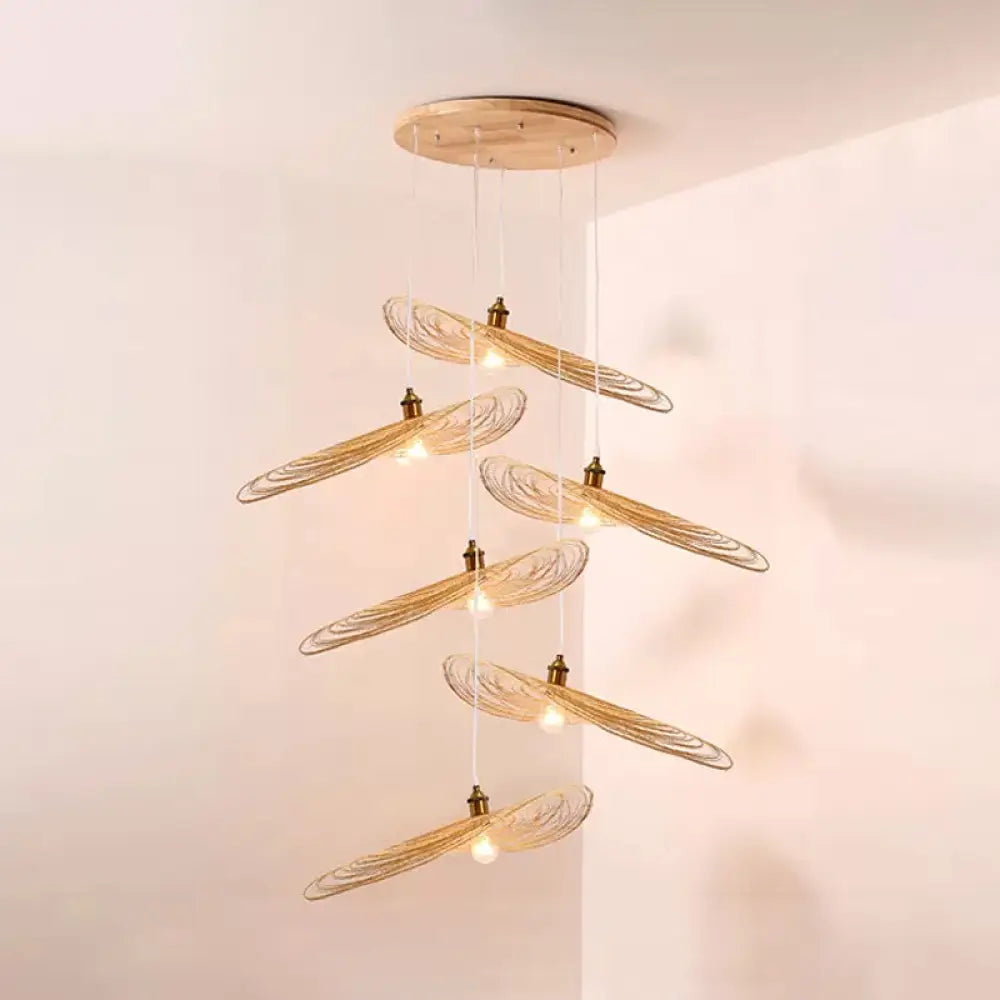 Chinese Style Lotus Leaf Pendant Light With Bamboo Shade - 1/3/6-Light Beige 14’/16.5’/19.5’