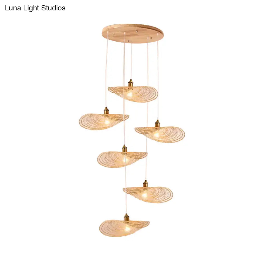 Chinese Style Lotus Leaf Pendant Light With Bamboo Shade - 1/3/6-Light Beige 14’/16.5’/19.5’ Wide