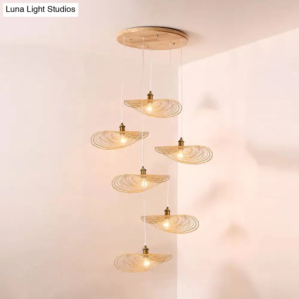 Chinese Lotus Pendant Light With Bamboo Shade - Beige (1/3/6 Lights 14-19.5 Width) 6 / 14