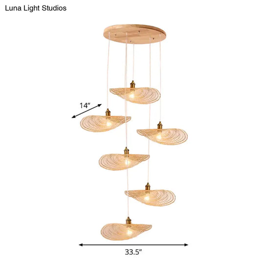 Chinese Style Lotus Leaf Pendant Light With Bamboo Shade - 1/3/6-Light Beige 14’/16.5’/19.5’ Wide