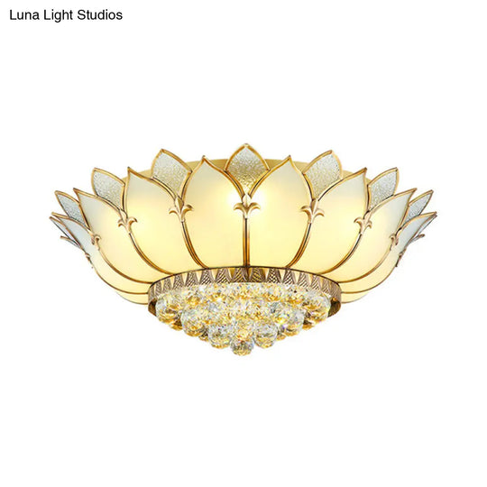 Chinese Style Prismatic Glass Lotus Flush Mount Ceiling Light With Crystal Finial - 5 Lights White