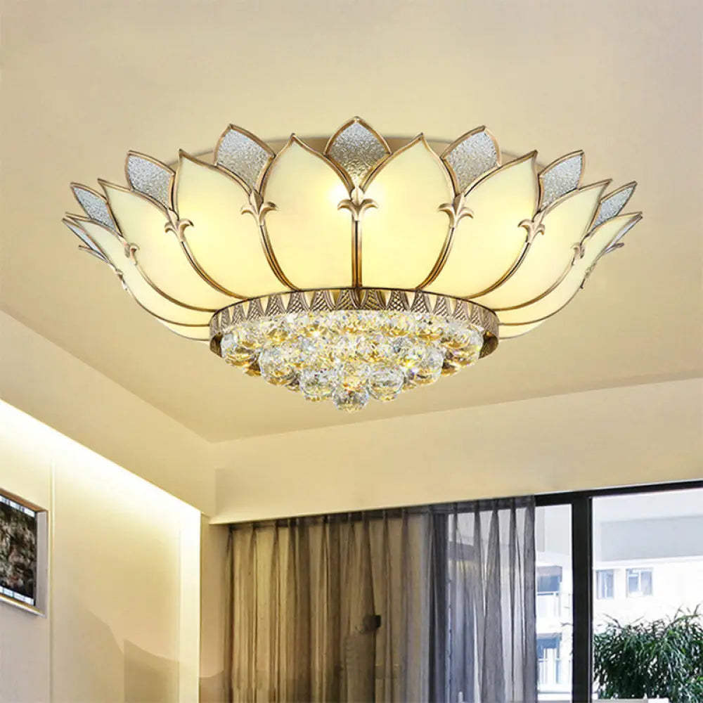 Chinese Style Prismatic Glass Lotus Flush Mount Ceiling Light With Crystal Finial - 5 Lights White