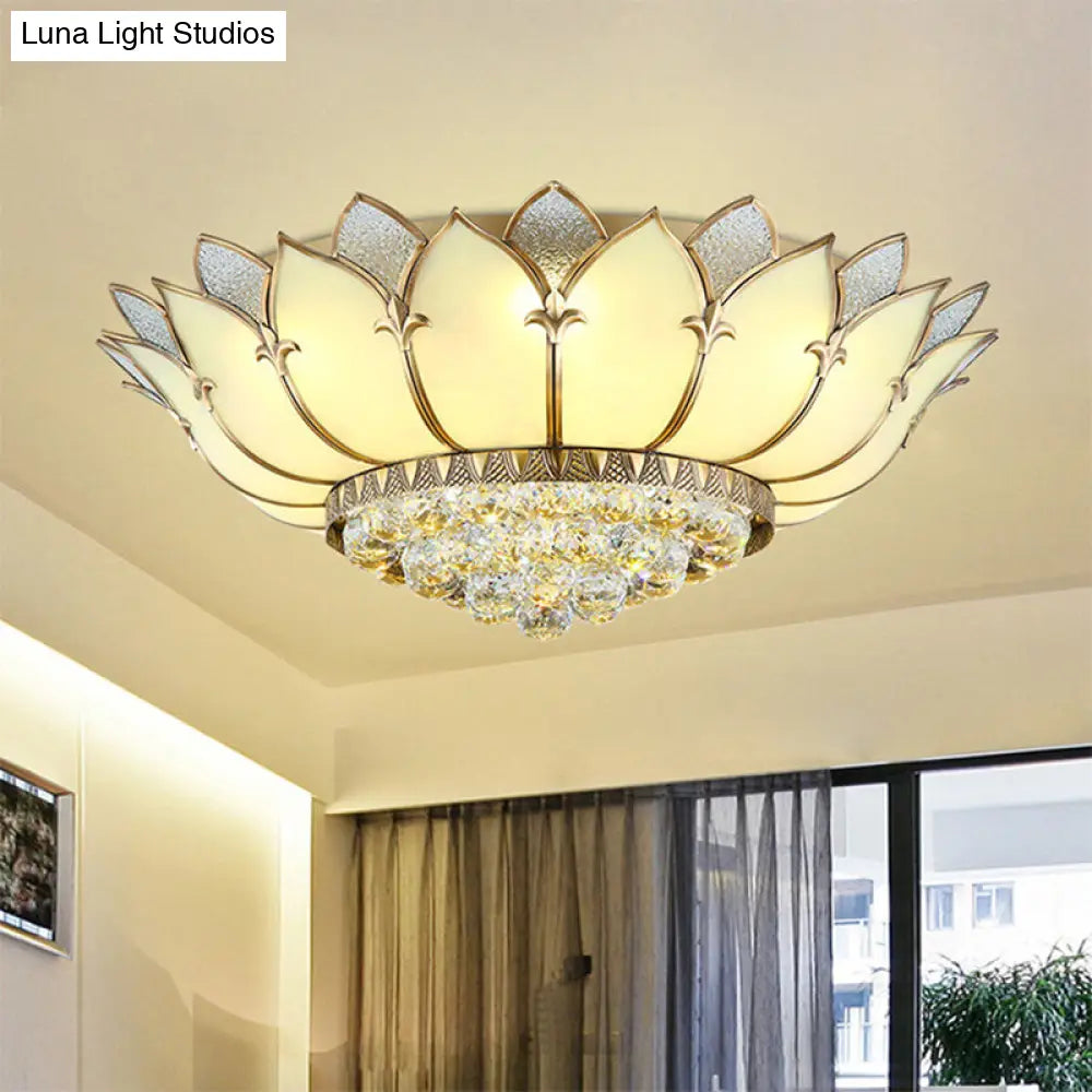 Chinese Style Prismatic Glass Lotus Flush Mount Ceiling Light With Crystal Finial - 5 Lights White