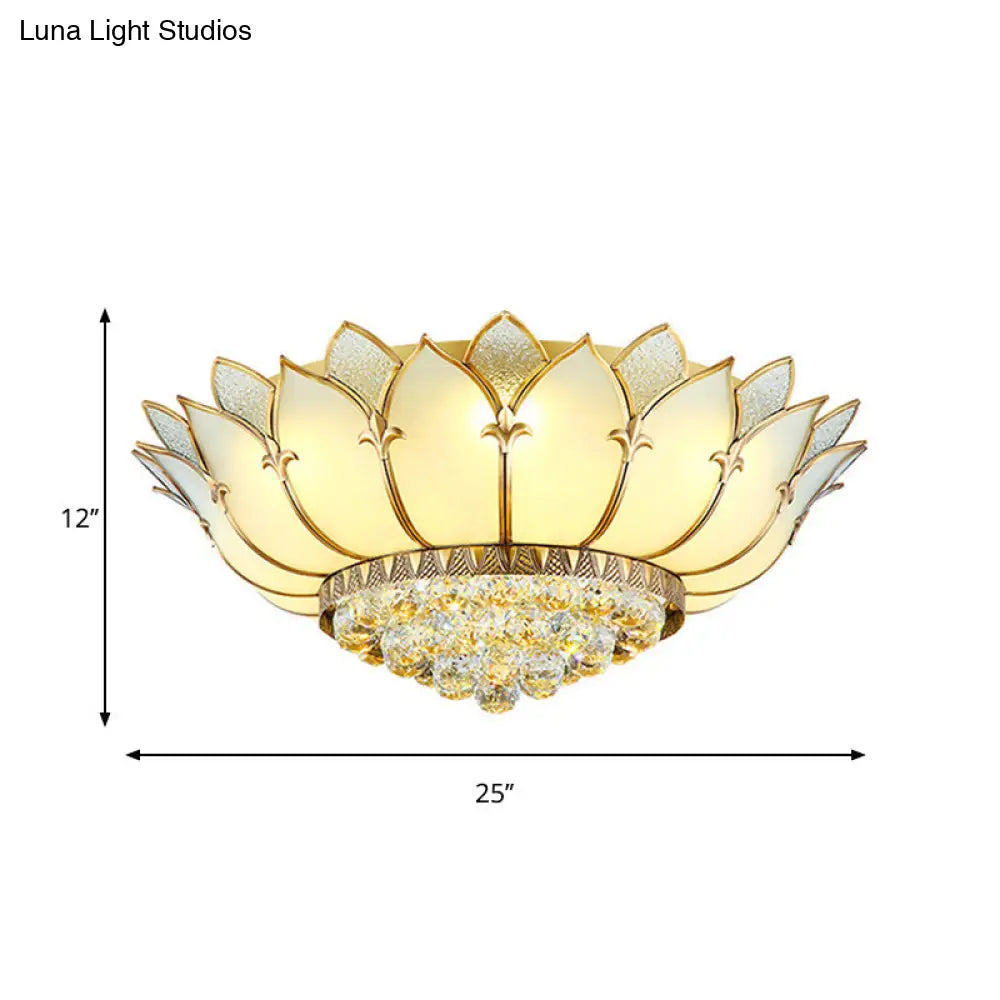 Chinese Style Prismatic Glass Lotus Flush Mount Ceiling Light With Crystal Finial - 5 Lights White