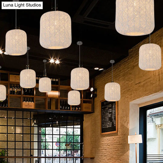 Chinese Style Rattan Hanging Pendant Lamp For Restaurants - Cylinder Ceiling Lantern With 1 Bulb