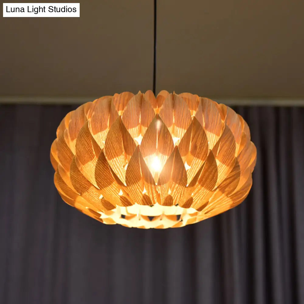 Chinese Style Wood Lotus Drum Pendant Lamp - Single Beige Suspension Lighting For Tearoom