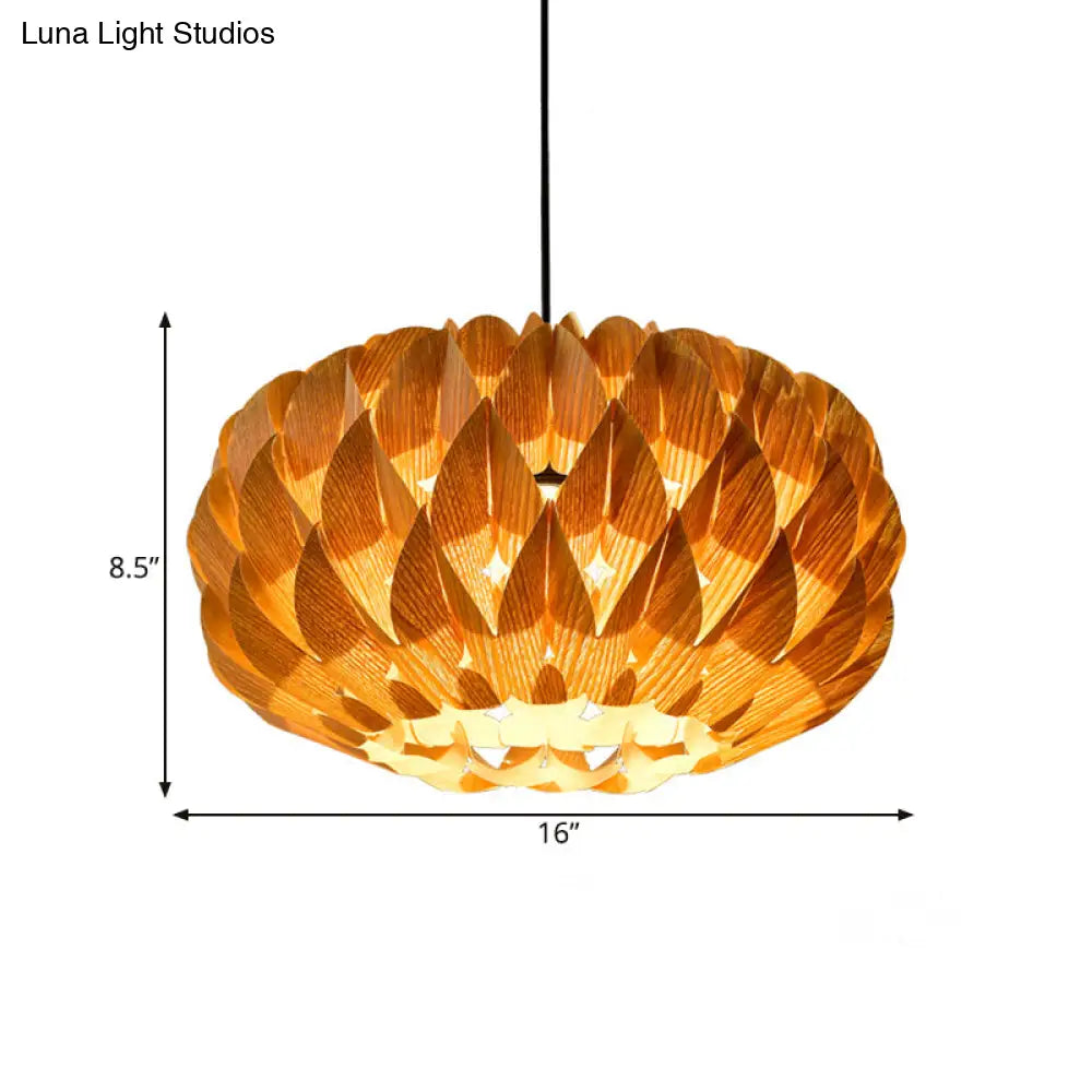 Chinese Style Wood Lotus Drum Pendant Lamp - Single Beige Suspension Lighting For Tearoom