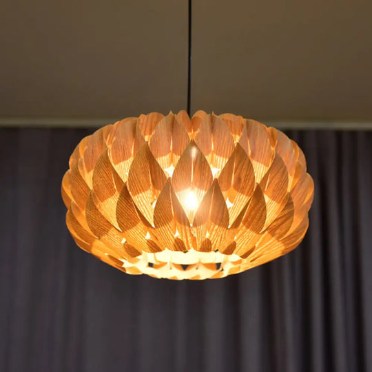 Chinese Style Wood Lotus Drum Pendant Lamp - Single Beige Suspension Lighting For Tearoom