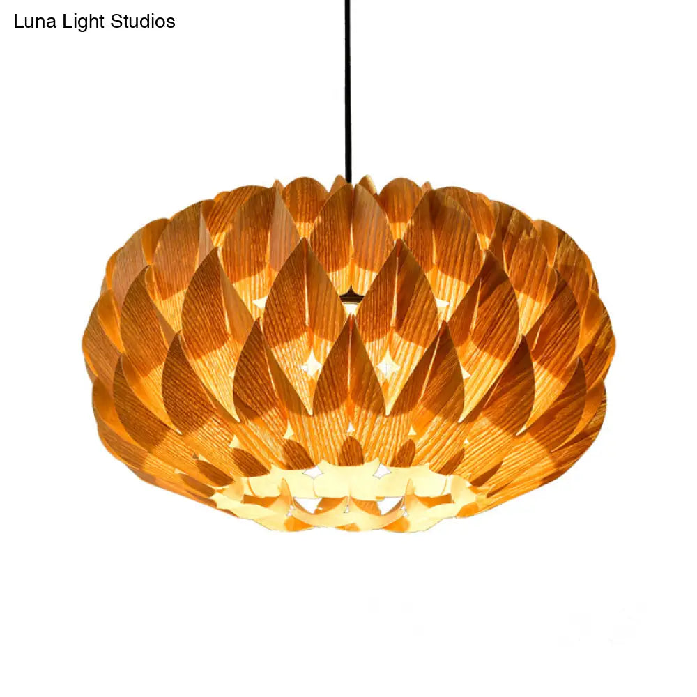 Chinese Style Wood Lotus Drum Pendant Lamp - Single Beige Suspension Lighting For Tearoom