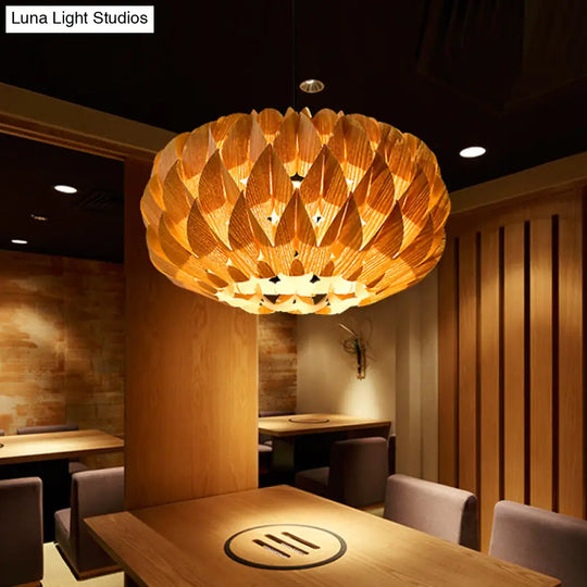 Chinese Style Wood Lotus Drum Pendant Lamp - Single Beige Suspension Lighting For Tearoom