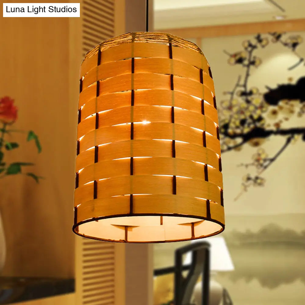 Chinese Wood Cylinder Hanging Ceiling Light 1 Head Beige Down Lighting 10/12 Wide