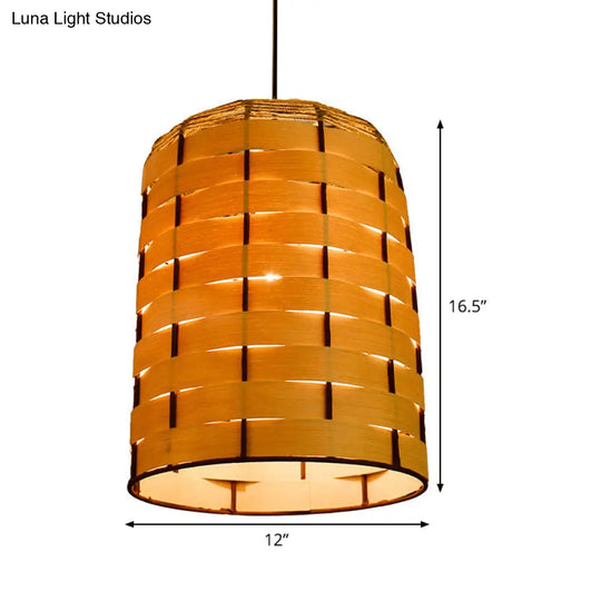 Chinese Wood Cylinder Hanging Ceiling Light 1 Head Beige Down Lighting 10/12 Wide