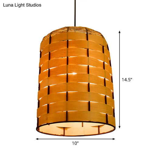 Chinese Wood Cylinder Hanging Ceiling Light 1 Head Beige Down Lighting 10/12 Wide