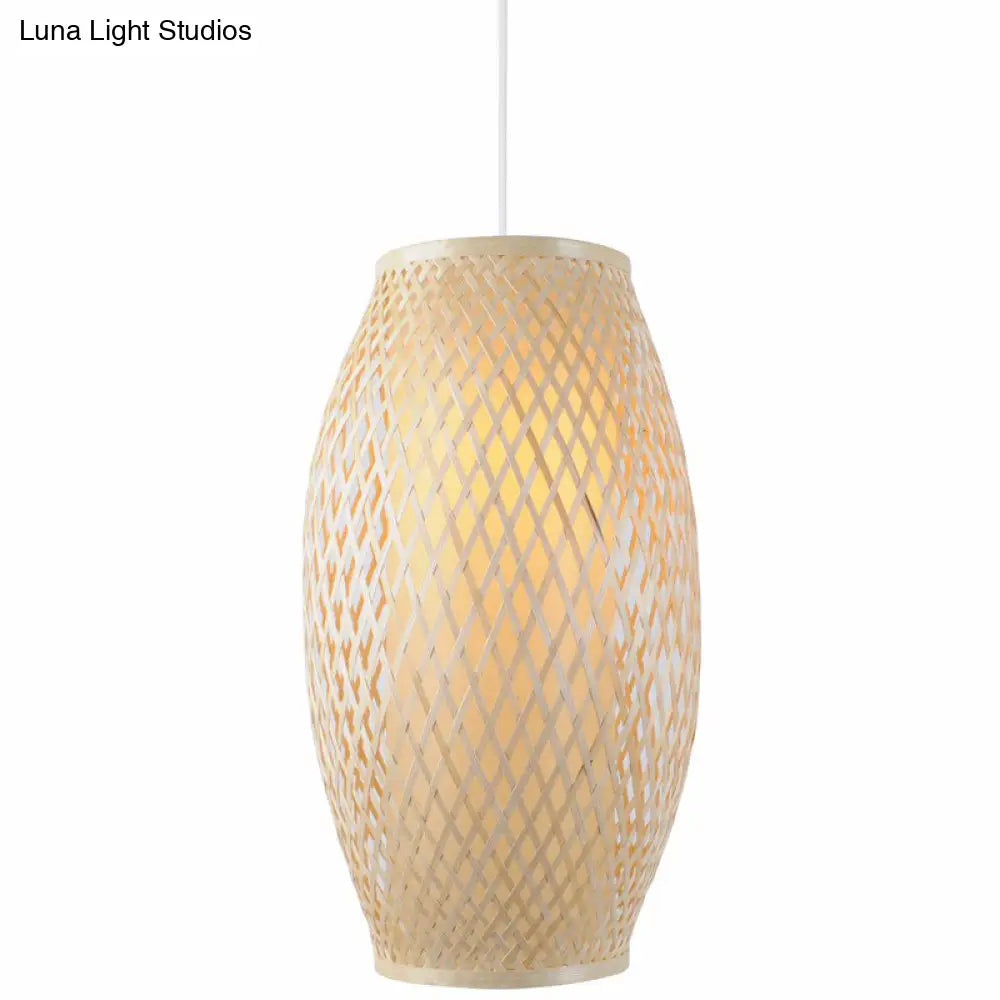 Chinese Wood Pendant Lamp With Bamboo Shade - 1-Light Corridor Hanging Lighting