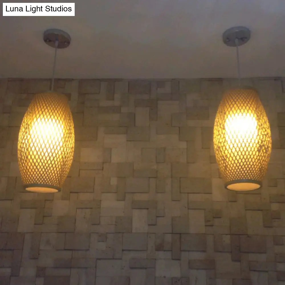 Chinese Wood Pendant Lamp With Bamboo Shade - 1-Light Corridor Hanging Lighting