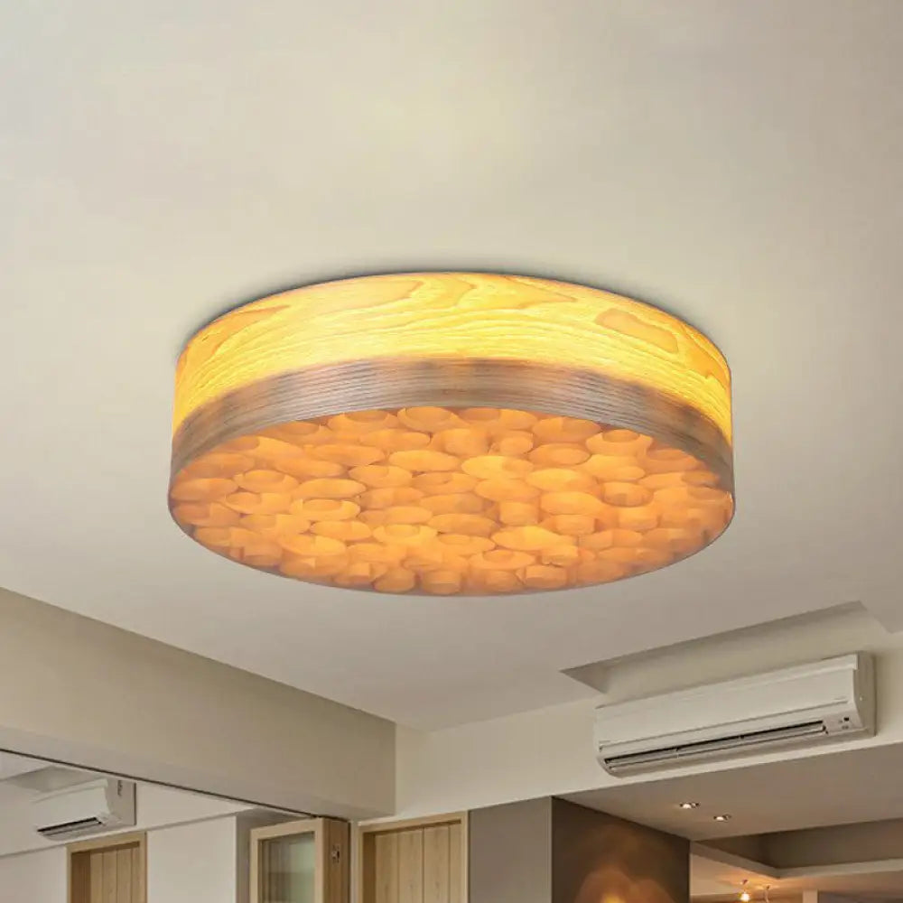 Chinese Wood Shade Beige Ceiling Lamp: Contemporary Single Light Flush Mount Fixture For Living Room