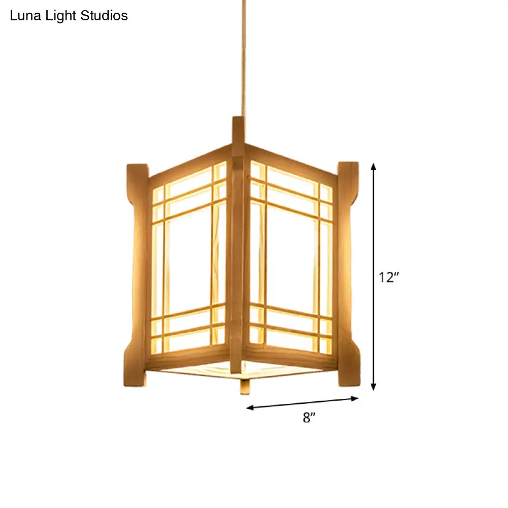 Chinese Wood Tower Pendant Light In Beige - Restaurant Hanging Lamp