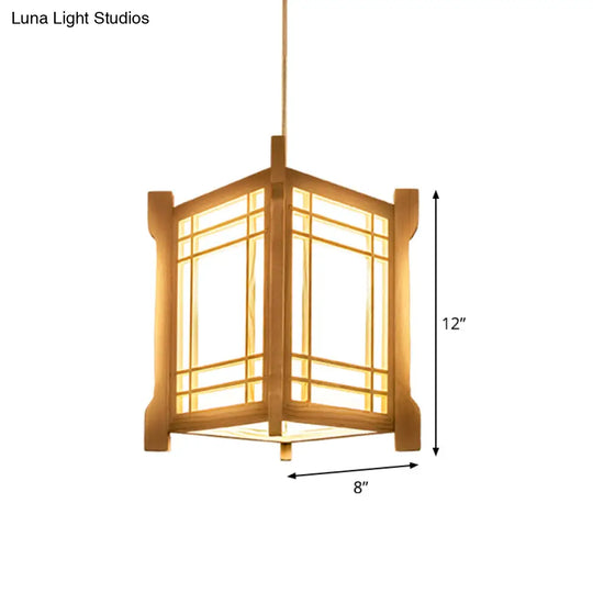 Chinese Wood Tower Pendant Light In Beige - Restaurant Hanging Lamp