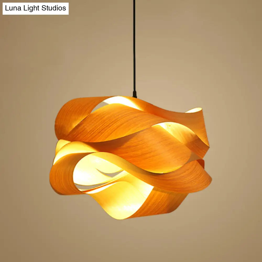 Chinese Wood Twist Hanging Light - 18/23.5 Wide Beige Suspended Lighting Fixture With 1 Bulb