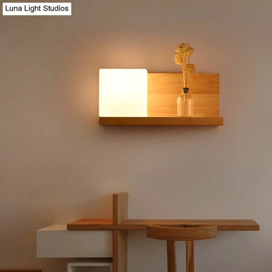 Chinese Wood Wall Mounted Sconce Light With 1 Bulb - White Glass Square Lamp For Dining Room