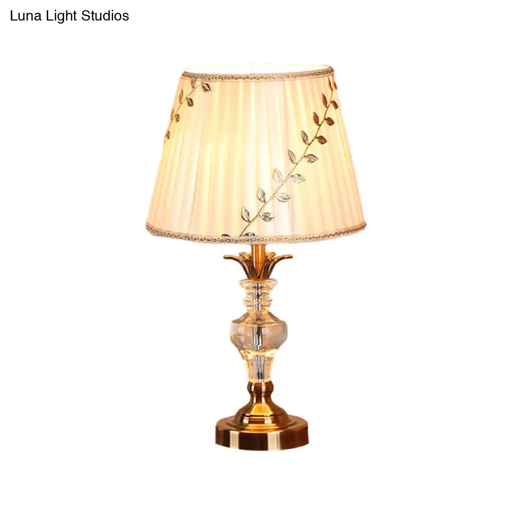 Traditional Fabric Table Lamp With Leaf-And-Vine Pattern 1 Bulb White Crystal Nightstand Light