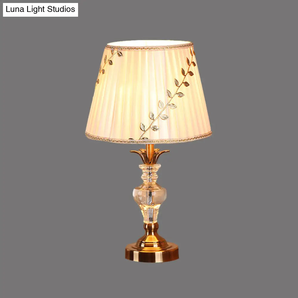 Traditional Fabric Table Lamp With Leaf-And-Vine Pattern 1 Bulb White Crystal Nightstand Light