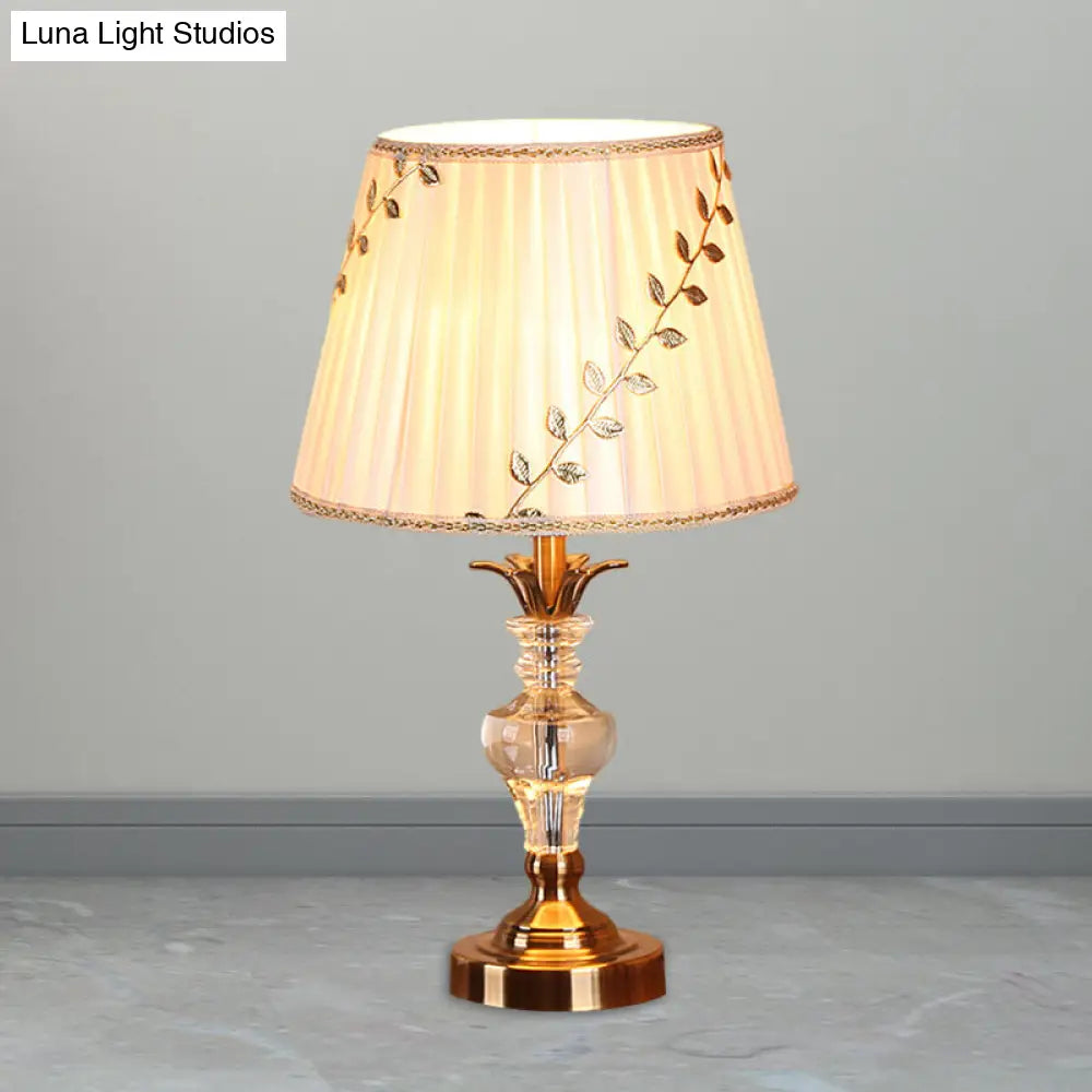 Traditional Fabric Table Lamp With Leaf-And-Vine Pattern 1 Bulb White Crystal Nightstand Light Clear