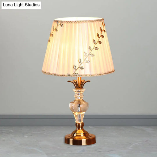 Traditional Fabric Table Lamp With Leaf-And-Vine Pattern 1 Bulb White Crystal Nightstand Light Clear