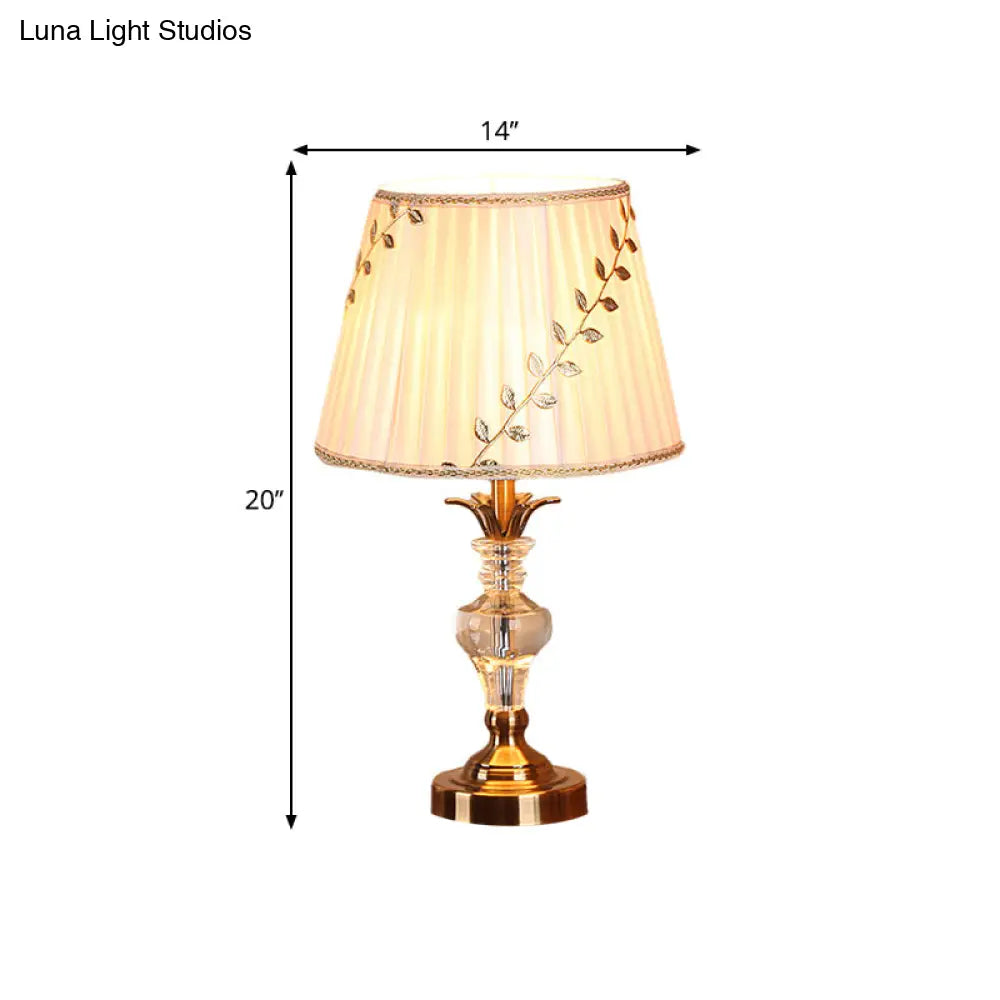 Traditional Fabric Table Lamp With Leaf-And-Vine Pattern 1 Bulb White Crystal Nightstand Light