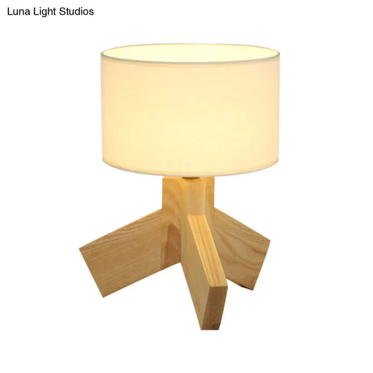 Nordic Wood Drum Table Lamp: Single Bulb 3-Leg Nightstand Light For Bedroom