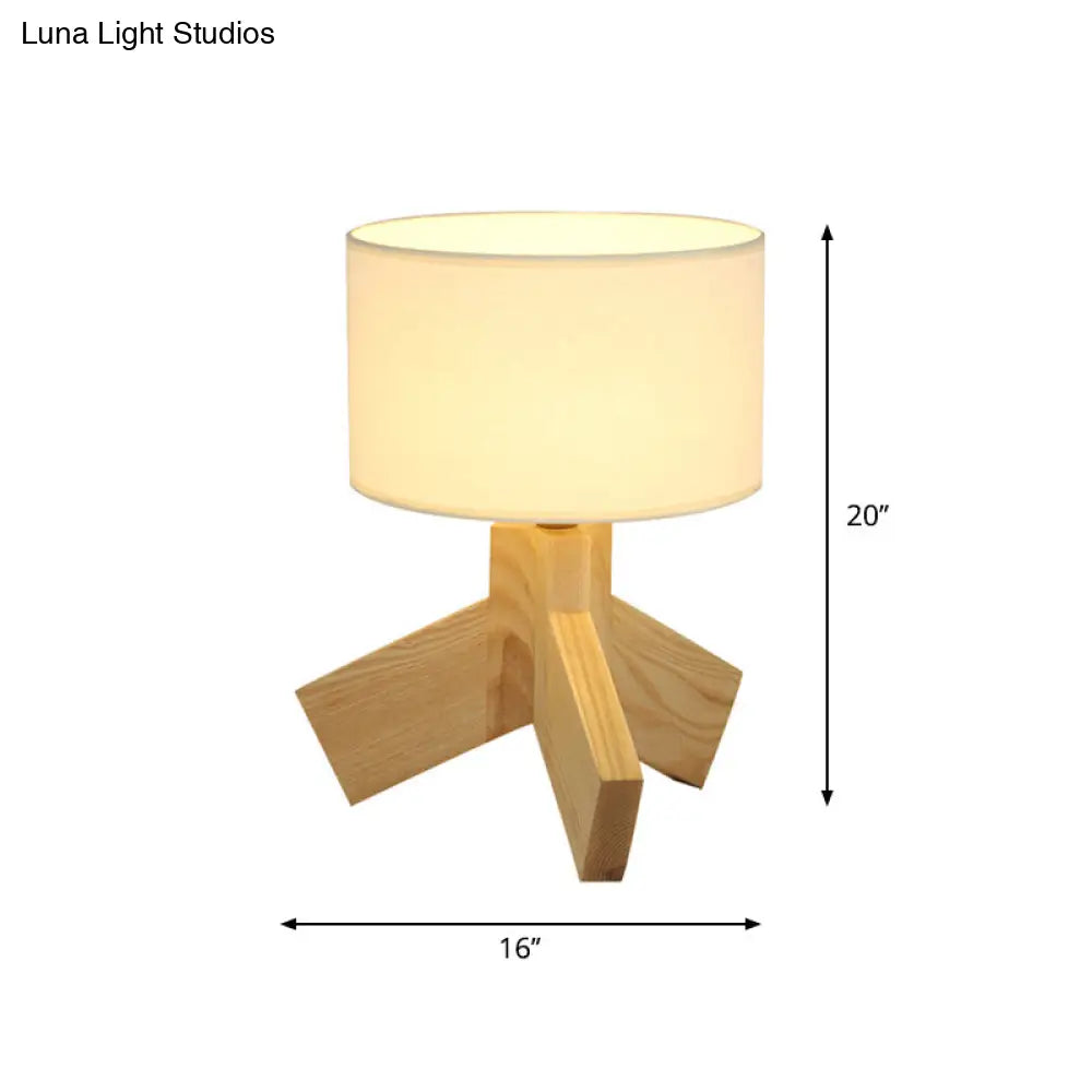 Nordic Wood Drum Table Lamp: Single Bulb 3-Leg Nightstand Light For Bedroom