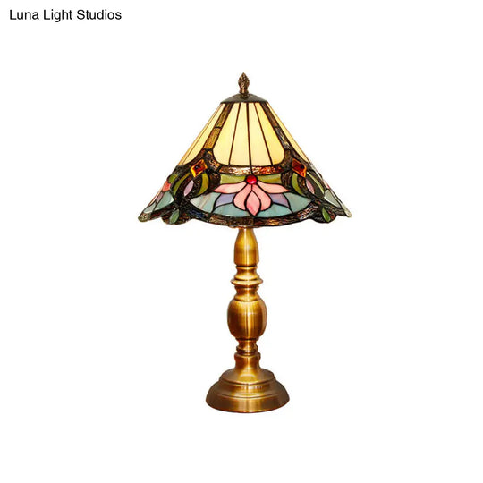 Hand-Cut Glass Lotus Patterned Table Light In Brushed Brass - Baroque Conical Design