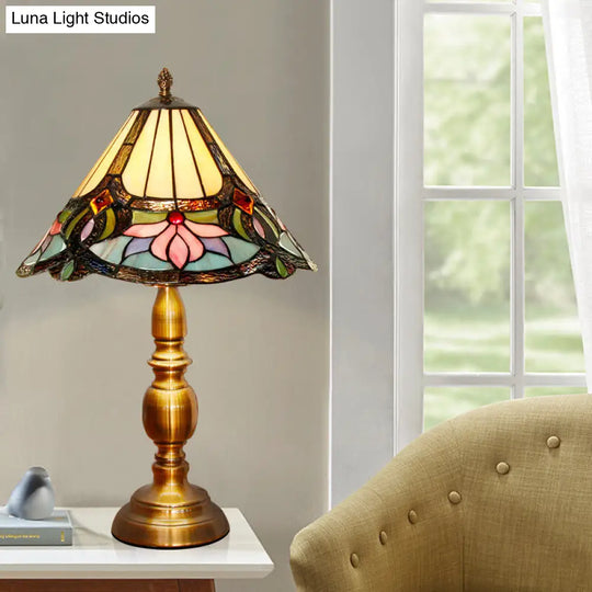 Hand-Cut Glass Lotus Patterned Table Light In Brushed Brass - Baroque Conical Design