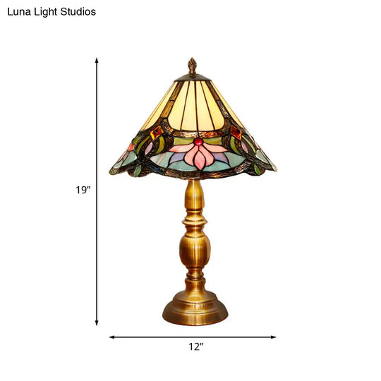 Hand-Cut Glass Lotus Patterned Table Light In Brushed Brass - Baroque Conical Design