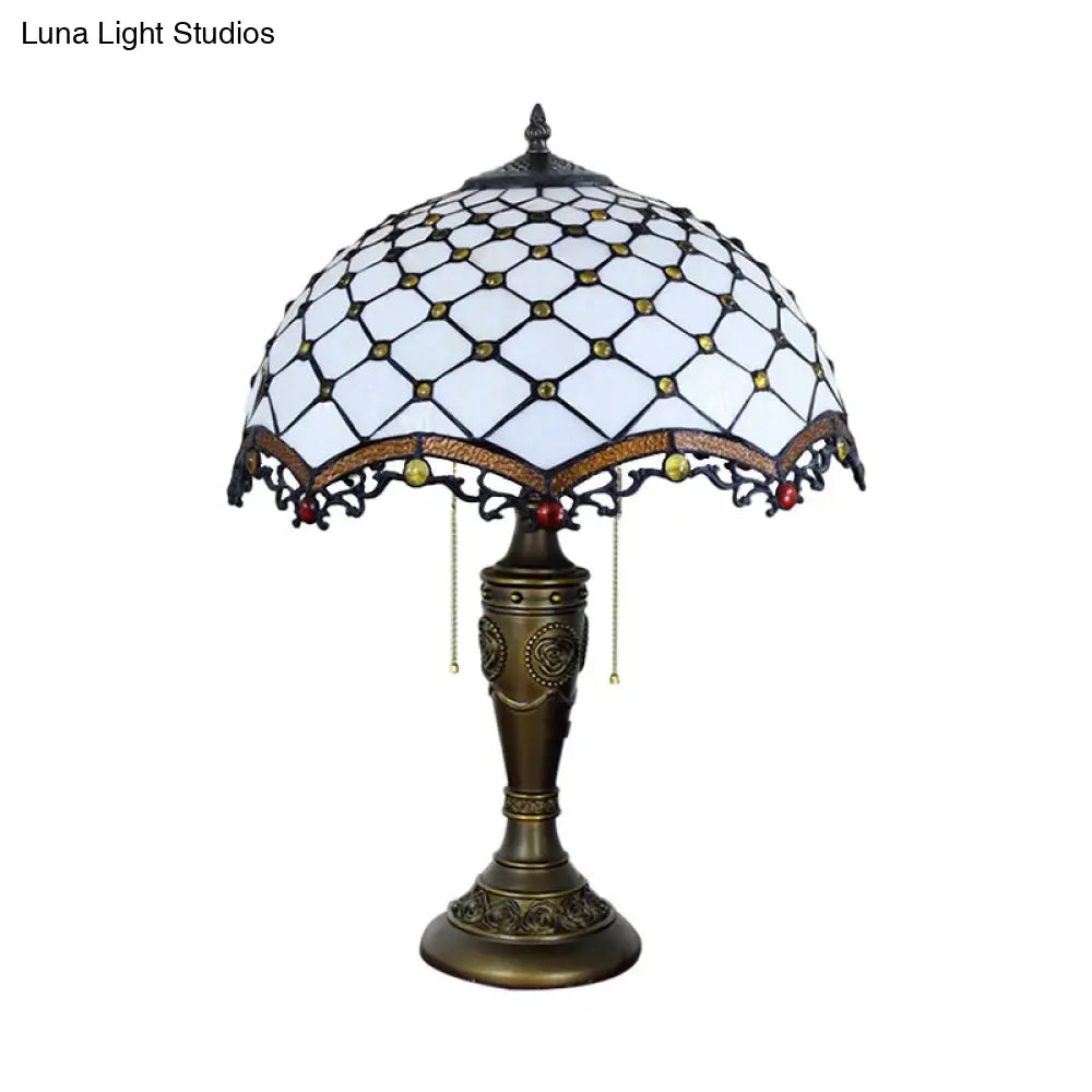 Baroque Style White Glass Fishscale Table Light With Bronze Finish 2 Lights And Pull Chain - Perfect